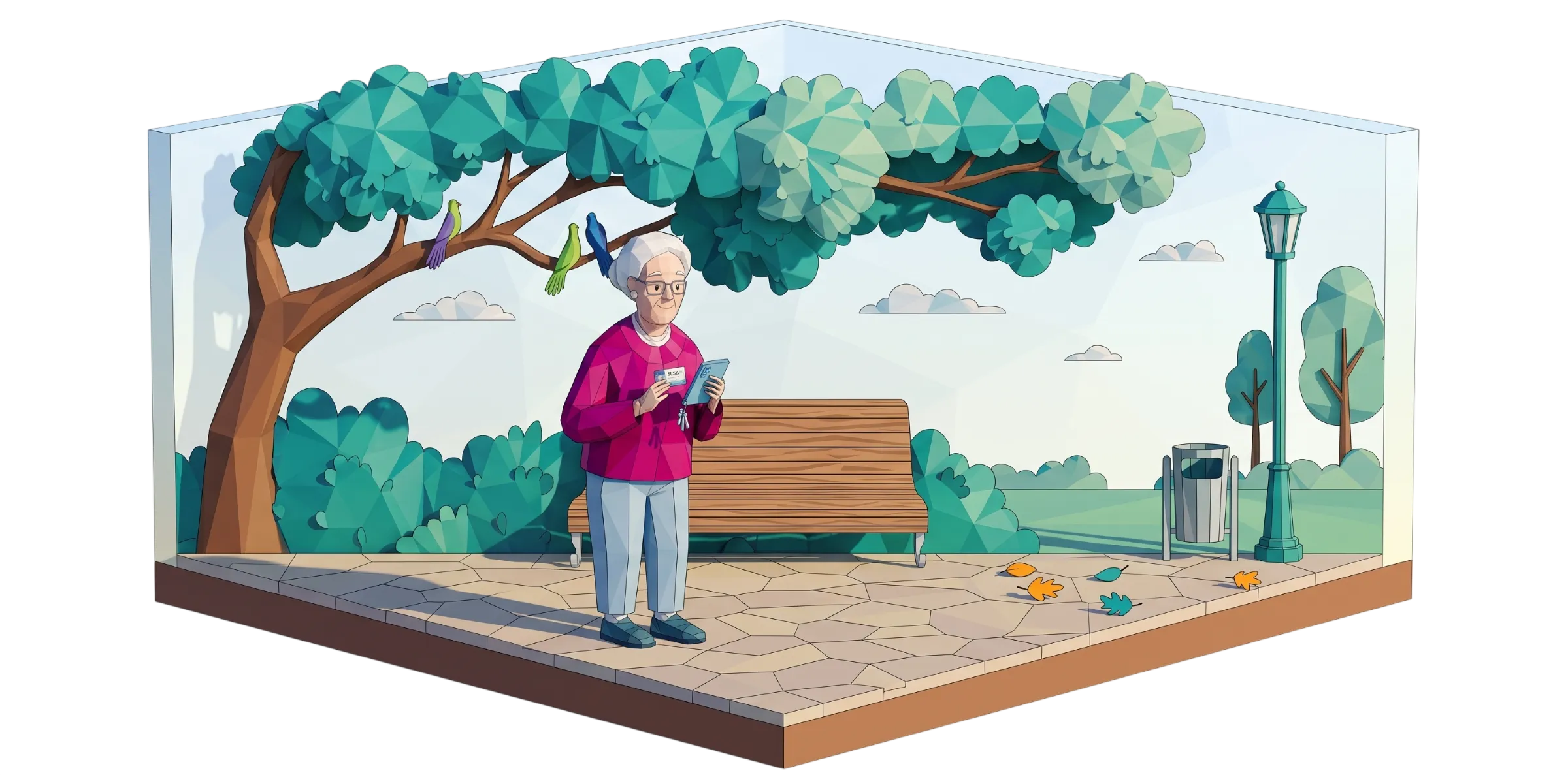 Isometric park scene: an older adult using a Lively connected-care device
