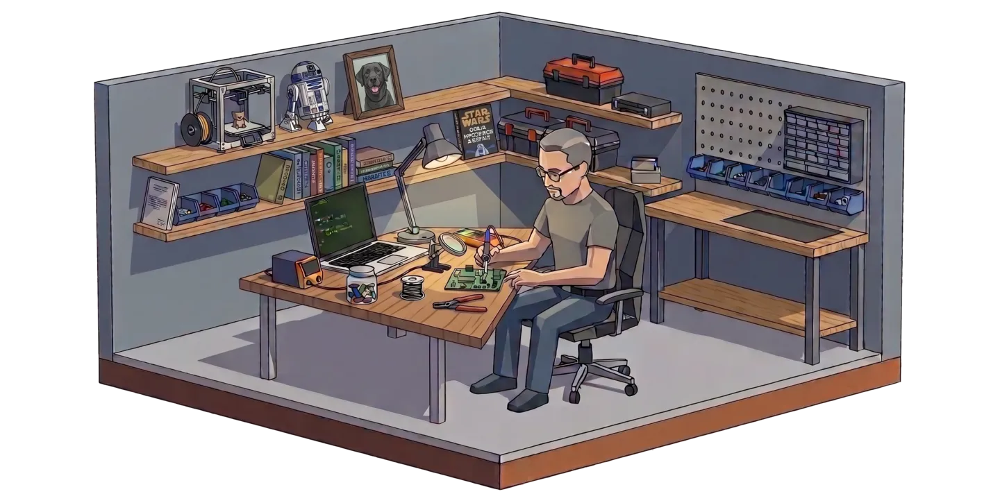 Isometric home workshop: soldering a circuit board at a lit workbench, beside a laptop running code, a 3D printer, parts bins, and a framed portrait of a black Labrador